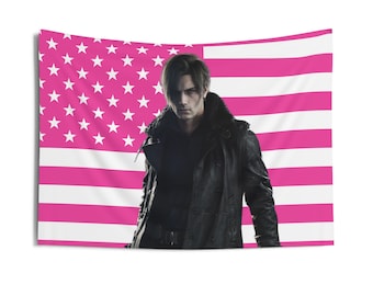 Ruige en bebaarde Leon S. Kennedy 2025 wandtapijten, Leon Kennedy roze vlag, Leon S. Kennedy RE9 videogame wandtapijten voor binnen
