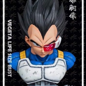 Peut inclure: Un buste grandeur nature du personnage Vegeta de Dragon Ball Z, avec des cheveux noirs, une armure bleue et une protection thoracique blanche. Un scouter rouge est porté sur l'œil gauche. La base inclut un dragon et une plaque Dragon Ball Z.