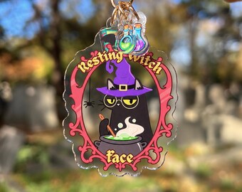 Acryl-Schlüsselanhänger mit Hexenkatze | Niedlicher Halloween-Katzenanhänger | Ruhiges Hexengesicht