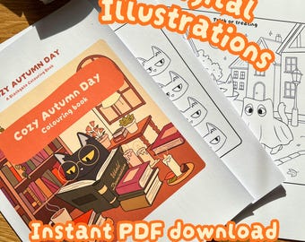 Könnte beinhalten: Ein Set aus 8 digitalen Illustrationen mit dem Titel Cozy Autumn Day, die eine schwarze Katze beim Lesen eines Buches mit dem Titel World Domination zeigen, sowie eine Malvorlage einer Katze im Geisterkostüm, ein Aquarellset und ein schwarzer Stift.