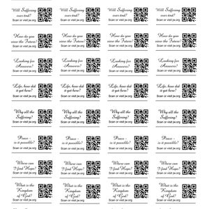 May include: A set of 16 black and white QR code stickers with different questions about life, faith, and the future. Each sticker includes a question and the text "Scan or visit jw.org".