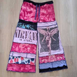 Nirvana Upcycled t-shirt pants , Medium, patchwork, tie dye
