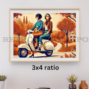 Retro 1960er Jahre Stil Herbst Roller Fahrt Poster, Vespa Italien Reise Wanddekor, digitaler Download Wandkunst