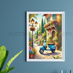 Blue retro Vespa poster instant digital download, vespa and Italy lovers gift, vintage italian travel poster