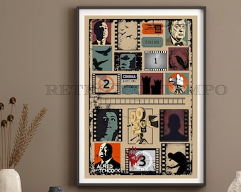 Può includere: Un poster cinematografico in stile vintage incorniciato con strisce di pellicola, ritratti e grafica a tema cinema. Il poster include il testo "Alfred Hitchcock" e "Cinema". La tavolozza dei colori comprende sfumature di marrone, nero e arancione.