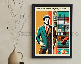 60s style lawyer office poster - &#39;suits and cases: styled for justice&#39;, retro style legal art, attorney gift, digital download