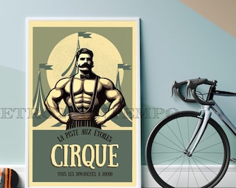 Vintage inspired circus strongman digital download poster, retro french cirque wall art, muscleman print.
