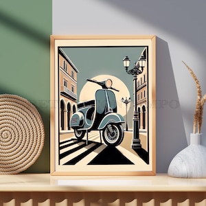 Retro Vespa scooter poster, Digital download art, Vintage Italian scooter print 1960s style graphic wall art