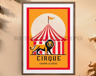 Póster de circo vintage, arte de león y carpa de circo de inspiración retro, arte mural de descarga digital del circo francés.