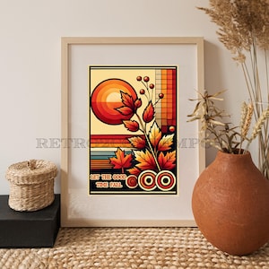 Poster Herbst vibes - 'let the good times fall', bunte Herbstblätter, Sonnenuntergang, moderne 70er Jahre Retro Kunstdruck, Herbst digitaler Download Kunst