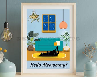 Black Cat Mom Art Print: Playful Feline Poster (Digital Download)