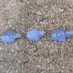 May include: Three small, blue, glass turtle figurines on a rough, brown, textured surface.