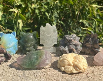 9 Tailed Fox Crystal Carvings | Sodalite, Rose Quartz, Chocolate Jade, Jasper, Fluorite, Amethyst, Obsidian, Selenite, Strawberry, Ivory Nut