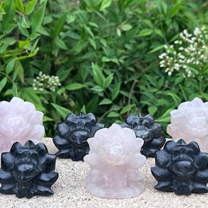 Rose Quartz and Black Gemstone 9 Tail Fox Crystal Carvings | Mythical Nine Tailed Fox Statue | Kitsune Healing Stone Figurine | Gift Decor