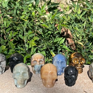 May include: A collection of ten hand-carved crystal skulls in various colors and patterns, including black, white, gray, brown, blue, and gold. The skulls are arranged on a gray stone surface.