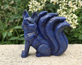 Blue Lapis Lazuli Nine Tail Fox Carving | UV Reactive w/Orange Glow | Natural Crystal Decor | Gemstone 9 Tail Fox Figurine l Kitsune Statue