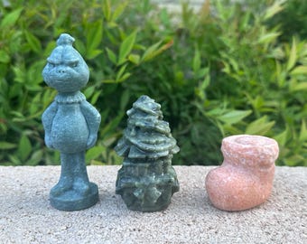 Sunstone Santa Boot, Green Jade Christmas Tree & Tree Agate Grinch Crystal Carving | Gemstone Statue | Holiday Decor | Festive Gift