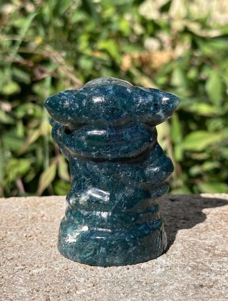 Larvikite Bear/Mouse, Sodalite Stitch, Moss Agate Yoda Crystal Carving | Grogu | Pop Culture Gemstone Statues | Figurine Collectible Decor image 4