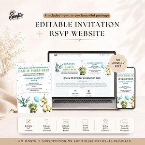 Può includere: Un set di invito digitale modificabile e sito web RSVP a tema dinosauri con il testo Liam is Three-Rex. Il pacchetto include un invito 5x7, un invito mobile, un banner per sito web e uno strumento online per la raccolta delle risposte RSVP.