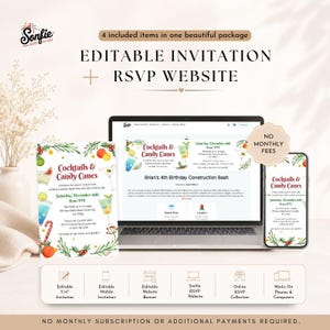 May include: An editable invitation and RSVP website set featuring a Cocktails & Candy Canes theme. The display includes a printed 5x7 invitation, a laptop screen, and a smartphone showing matching event details with festive greenery and cocktail graphics.