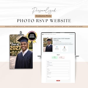 Puede incluir: Un diseño de invitación a una fiesta de graduación con el texto "PHOTO RSVP WEBSITE". El diseño incluye una foto de un graduado con birrete y toga, y un formulario de respuesta en el sitio web. También son visibles las palabras "Class of 2027".