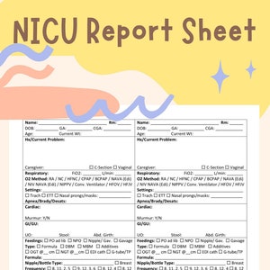 以下が含まれることがあります： 患者情報、介護者の詳細、呼吸状態、食事、薬剤に関するセクションを含む、印刷可能なNICUレポートシート。このシートは、看護師やその他の医療従事者による使用を目的としています。