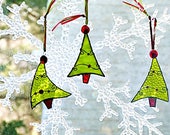Stained Glass, Christmas Tree, Ornaments, Green and Cranberry, Suncatcher, Set of Three