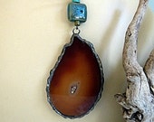 Amber Druzy Geode, Bohemian Beaded, Necklace Pendant, with Vintage Faux  Leather Cord