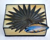Stained Glass Box, Beige, with Vintage Tin Decoration, and Teal Geode