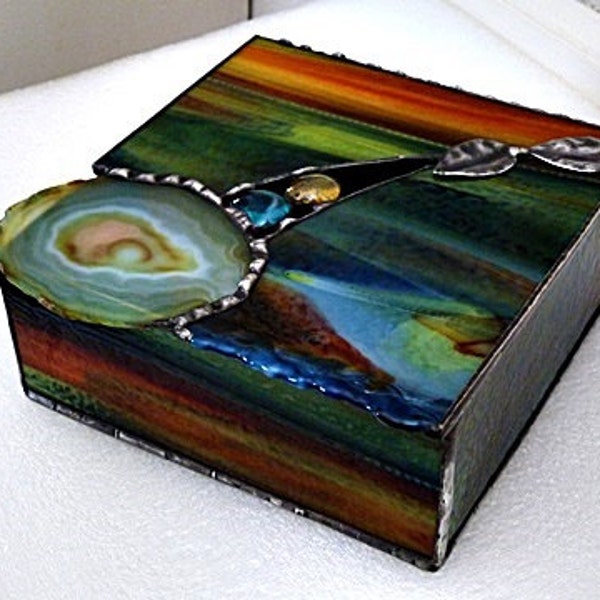 Stained Glass Box, Geode, Stunning Blended, Rainbow Colored, Art Glass, with Glass Nuggets,Vintage Findings