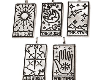 5pcs Tarot Card Charms Sun Moon Star World Fortune Silver Color Pendant Charm for Jewelry Making 25x13mm ec1370