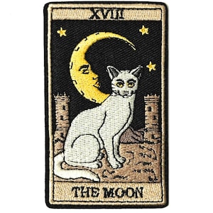 White Cat and Crescent Moon Tarot Card Embroidered Iron On Patch 1pcs for Clothing DIY 9.0x6.4cm ew8545