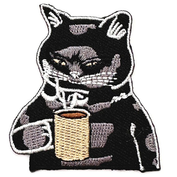 Cat Drinking Coffee Embroidered Iron On Patch 1pcs for Clothing DIY 6.0x5.2cm ew8450