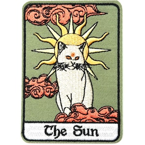 White Cat and Sun Tarot Card Embroidered Iron On Patch 1pcs for Clothing DIY 9.1x6.5cm ew8558