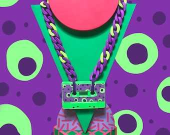 GLORY BOX Dotty Print Cassette tape Necklace Purple and Green