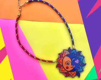 Celestial Harmony Sun and Moon 90s Style Acrylic Cord Necklace