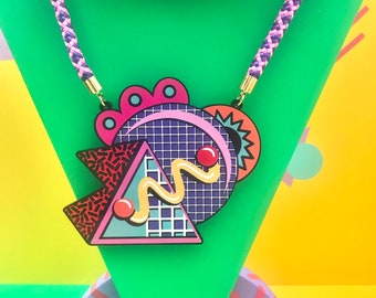 Memphis Style 80s Acrylic Necklace Geometric 90s Colourful Chunky Cord Chain
