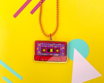 Red, orange and blue cassette tape charm necklace