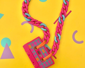 HyperBallard Grid Print Cassette tape Necklace Pink and Blue