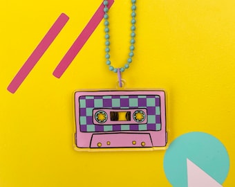 Pink, mint and purple cassette tape charm necklace