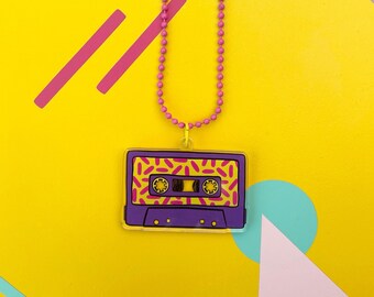 Purple and yellow cassette tape charm necklace