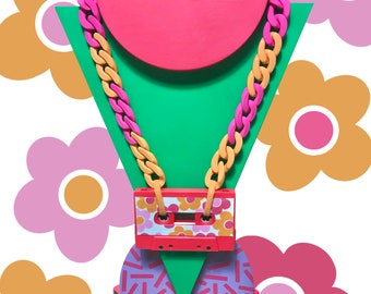 FLOWERS Cassette tape Necklace Pink and Orange