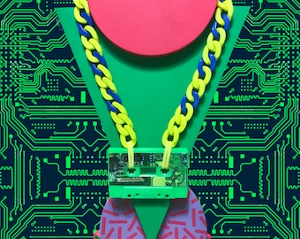 STUPID GIRL Circuit Print Cassette tape Necklace Green and Yellow