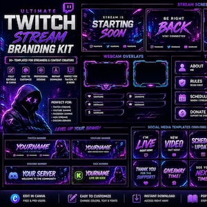 May include: A digital branding kit for Twitch streamers featuring a dark purple and black neon aesthetic. It includes stream screens, webcam overlays, twelve informational panels, social media templates, and a weekly stream schedule template.