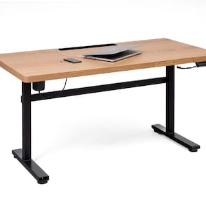 Office Computer Oak Desk with Push-Drawer | Height Adjustable Table with Wireless Charging | Ergonomic Home Office Desk with Automatic Legs