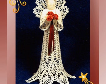 May include: A white crocheted angel with a red ribbon and a bouquet of red roses. The angel is standing on a blue background with gold stars in the corners. The text "Royal Pineapple Seraphim" is at the bottom of the image.