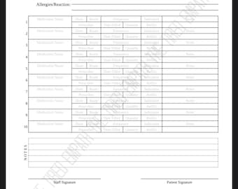 May include: A black and white medication list template with fields for patient information, medication details, and signatures. The document includes sections for medication name, dosage, route, frequency, and refills.