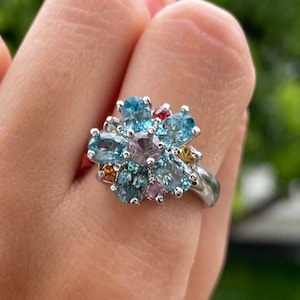 Natural Multi-Gemstone Ring with Topaz and Amethyst, 925 Sterling Silver, Nature-Inspired Flower Statement Ring, Garden Jewelry Gift For Her
