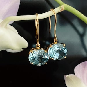 18K Solid Gold Blue Topaz Earrings, Natural Light Sky Blue Topaz Drop Earrings, 18K Yellow Gold, December Birthstone, Unique Gift For Her