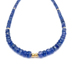 Natural Blue Sapphire Necklace Solid Gold Beads, 19&quot; Ceylon Sapphire Bead Necklace, Faceted Blue Sapphire, September Birthstone Gift For Her